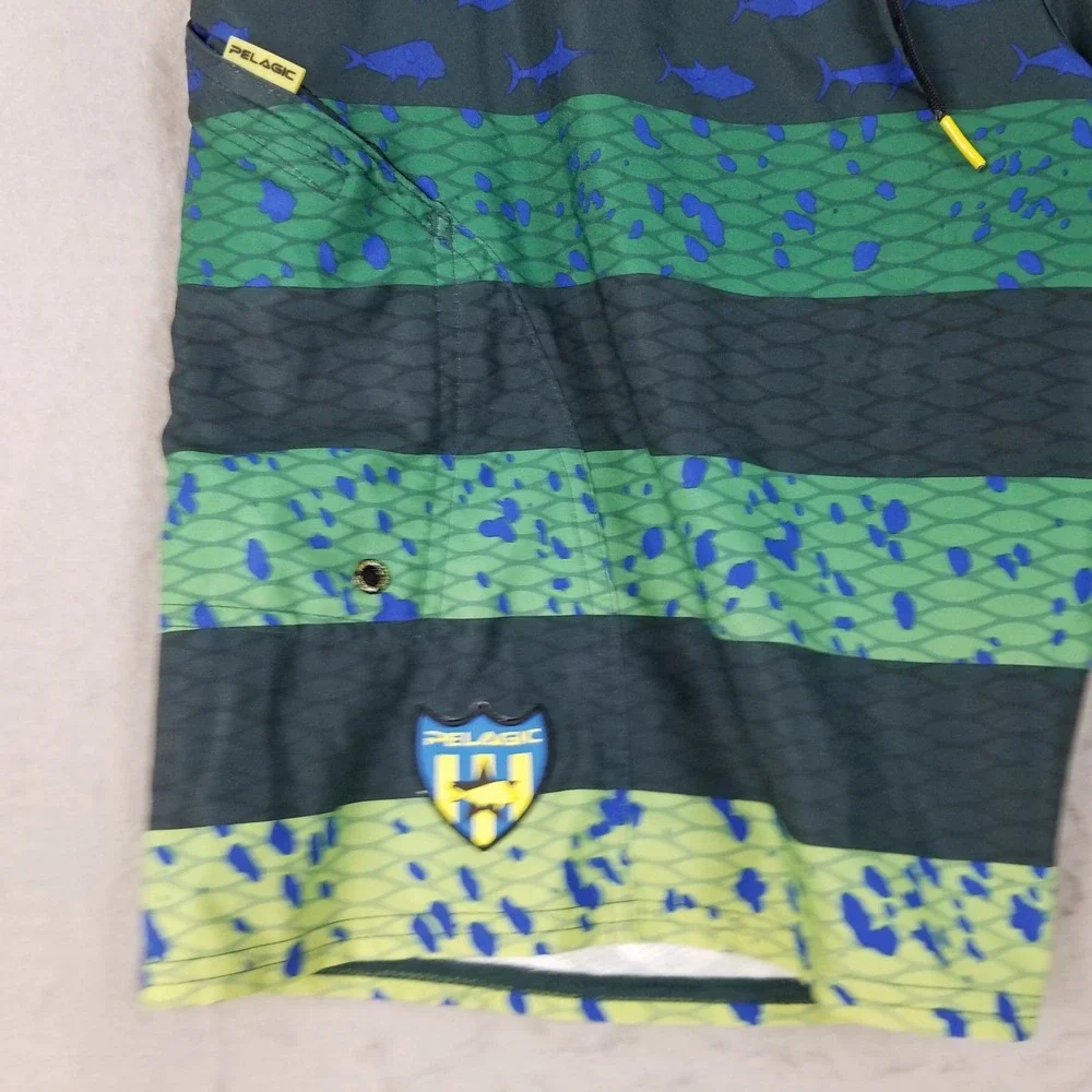 Pelagic Board Shorts Mens 34 Green Sharkskin Fishing Swim Trunks Fish Print